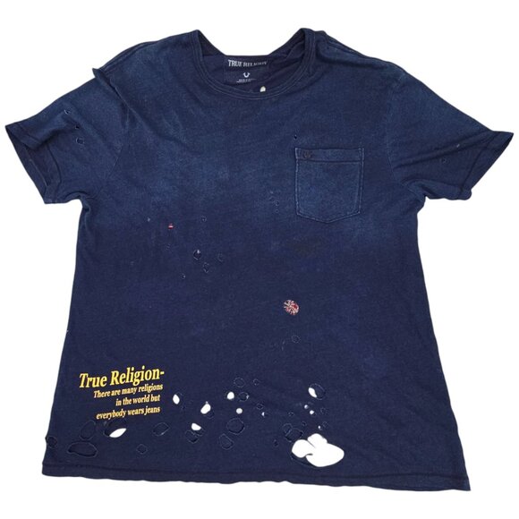 True Religion XXL Distressed Unisex Navy T-Shirt Skull Snake Roses Single Stitch - Picture 6 of 16